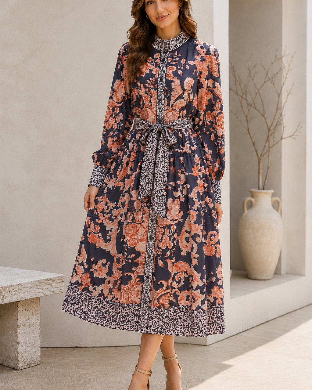 A woman models a long-sleeved midi dress with a navy blue base and a warm orange-brown floral pattern, featuring a matching patterned tie belt and high collar, set against a neutral beige architectural background.