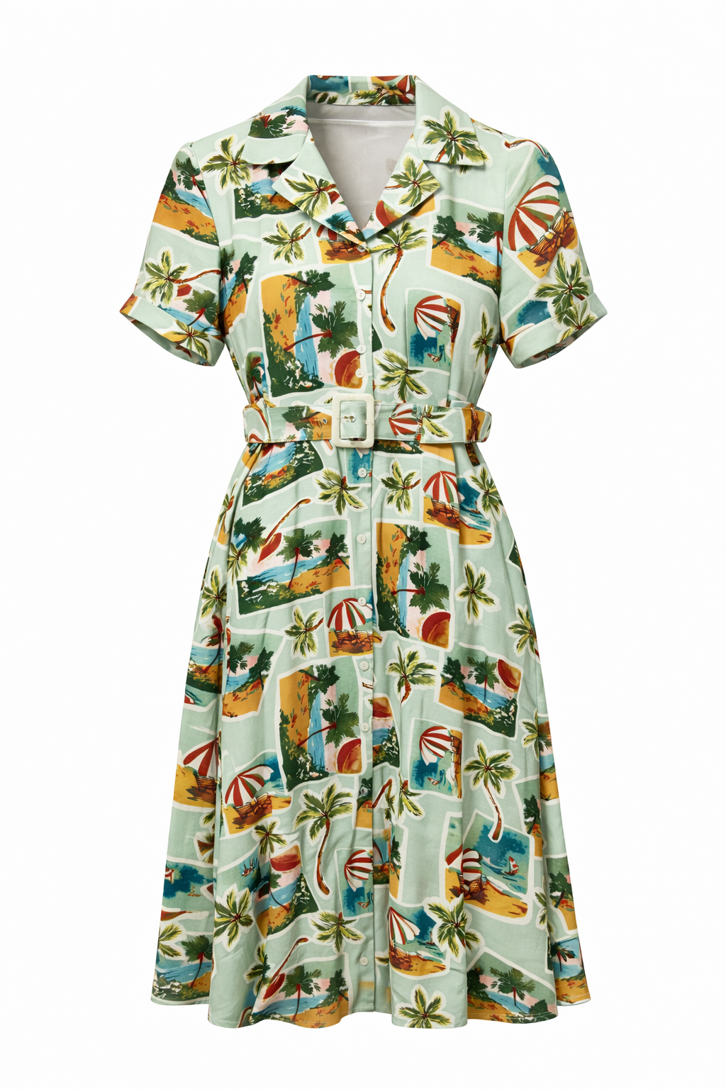 Vintage-style dress with tropical print on a white background