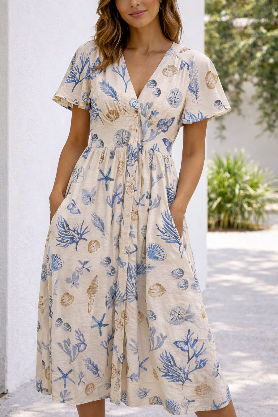Woman wearing a floral dress standing outdoors with a white wall and greenery in the background