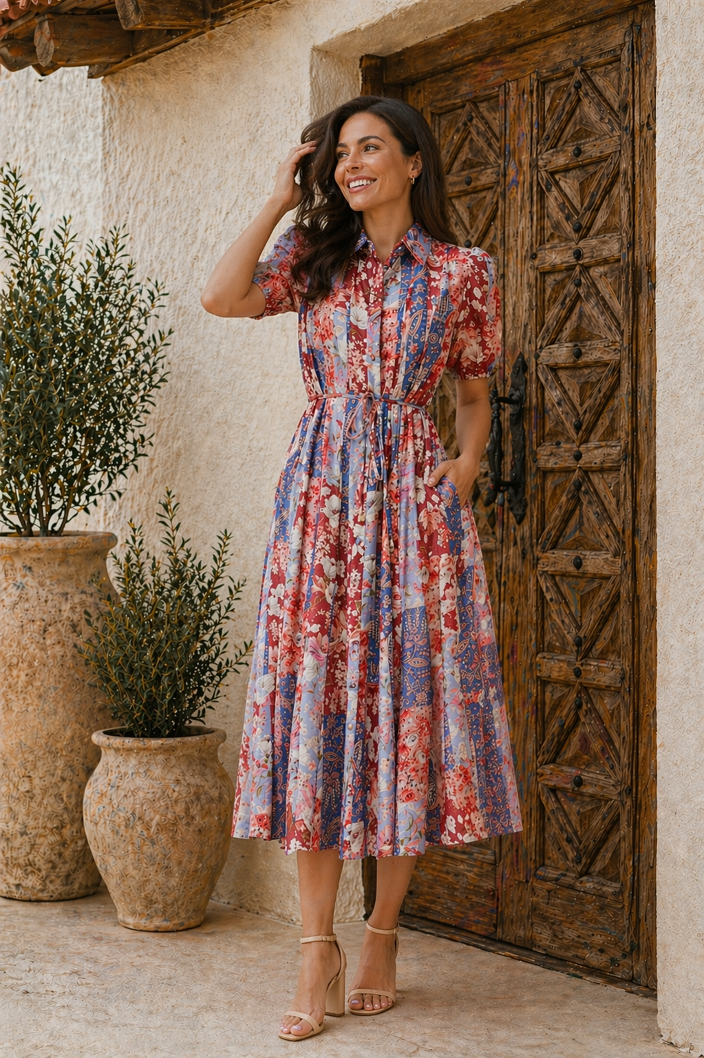 Woman in a floral dress standing in front of a rustic wooden door.