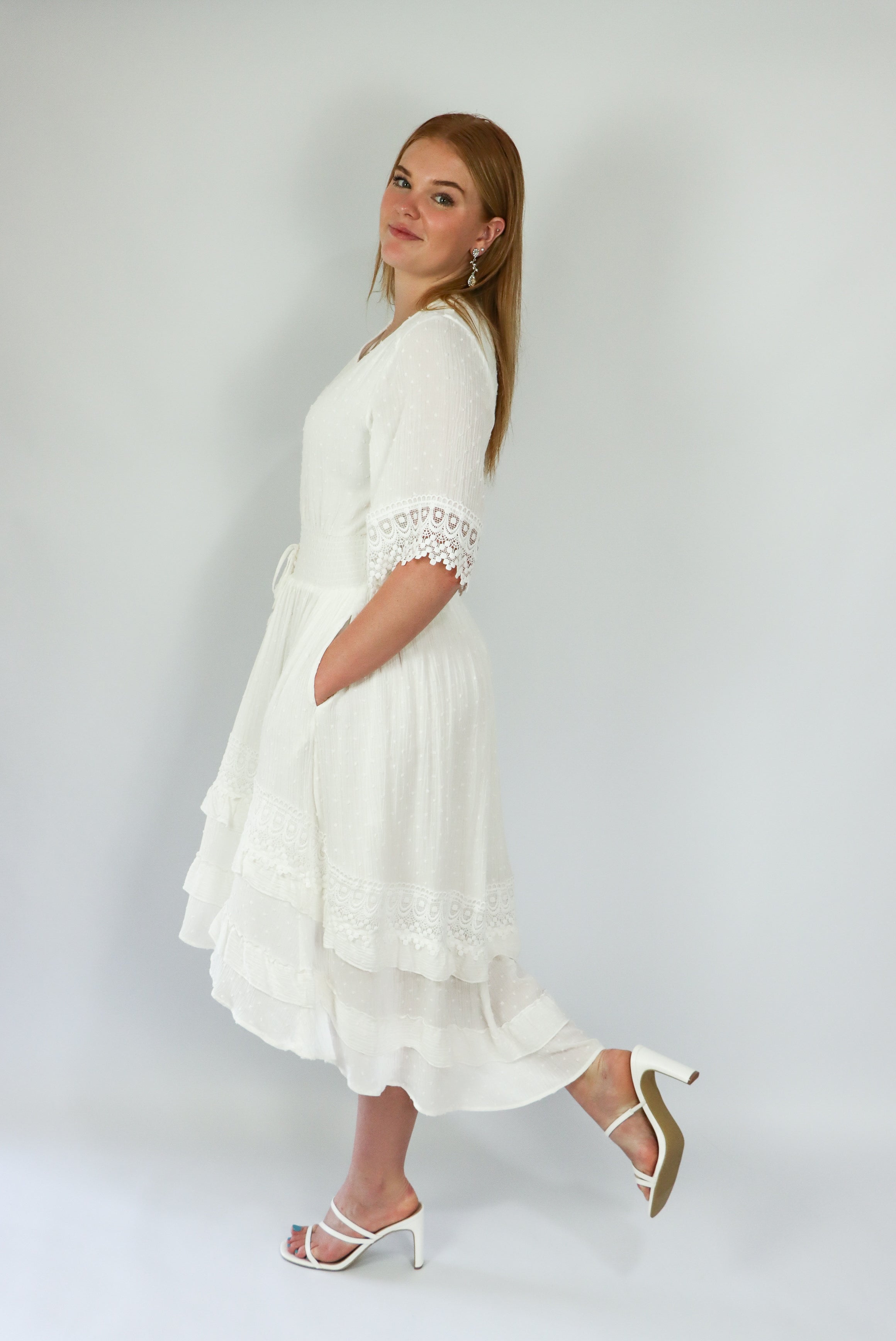 white midi dress side pockets