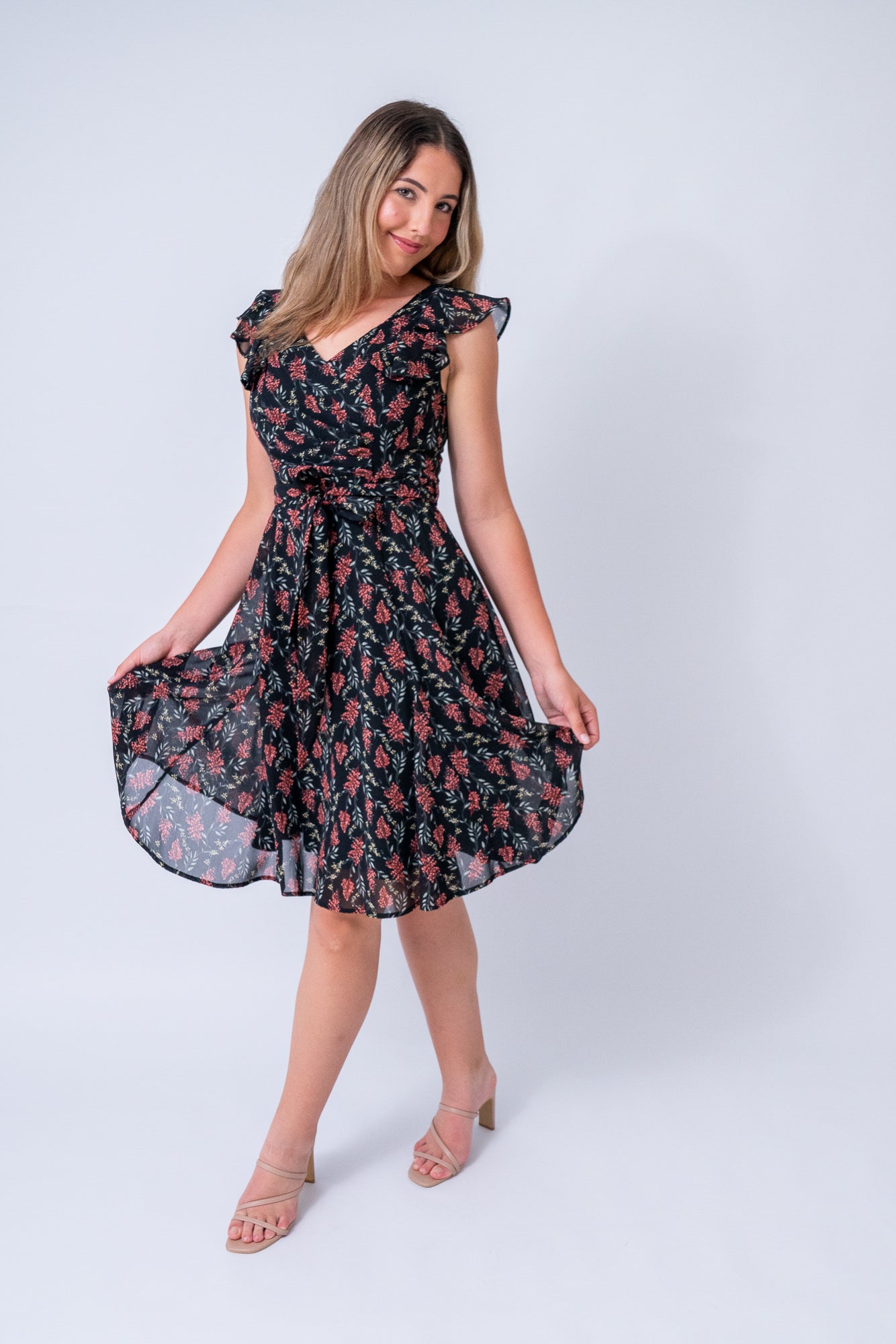 lorna dress black base with wine colour bunches