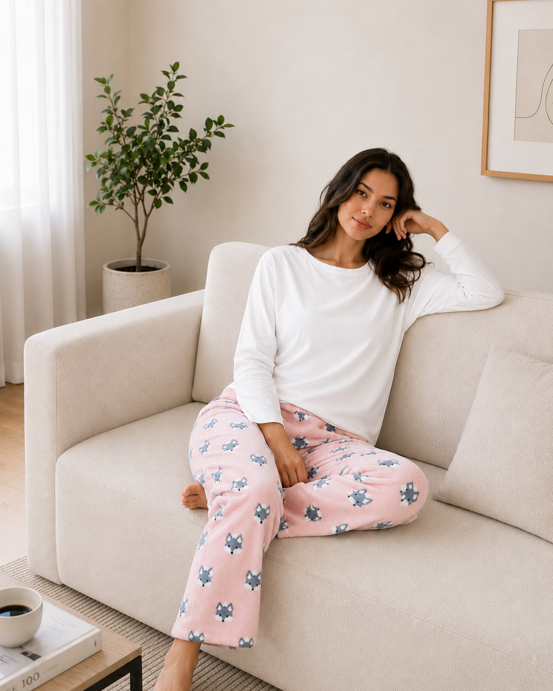 Woman wearing a white long-sleeve top and pink pajama pants with a floral pattern, sitting on a beige couch.