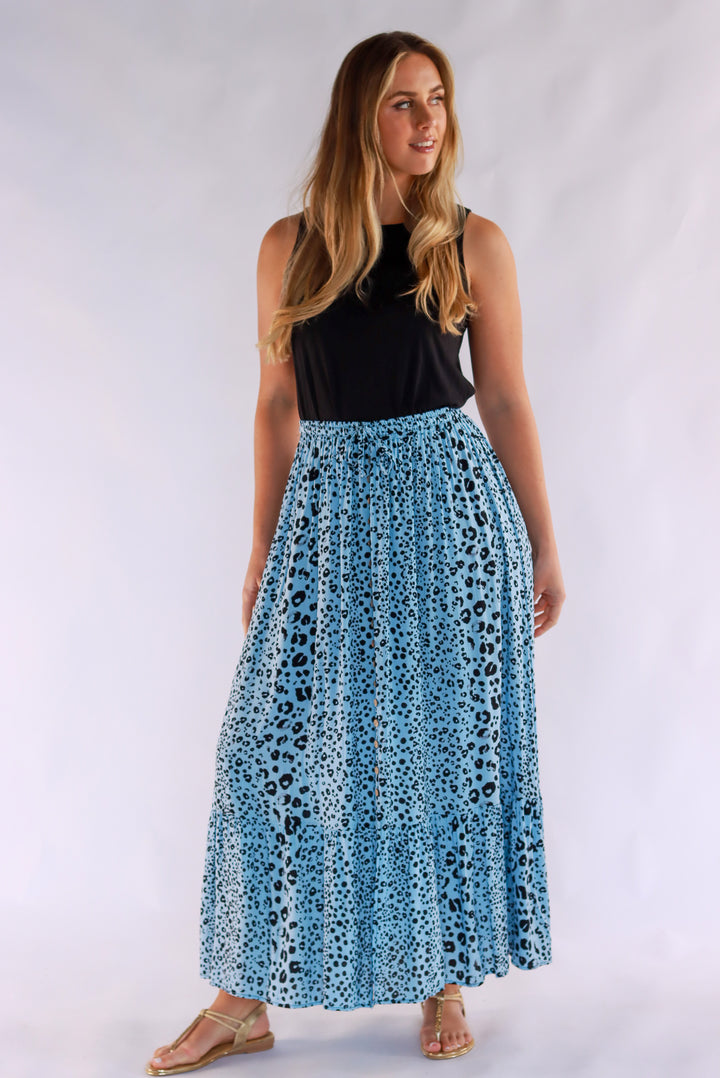 Penny Leopard Maxi Skirt In Blue