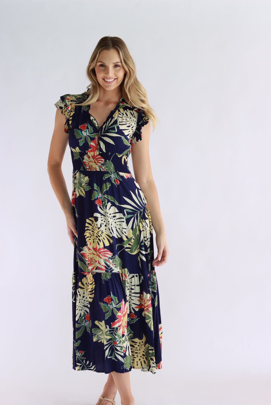 Aurora Tropical Leaf Navy Maxi Dress