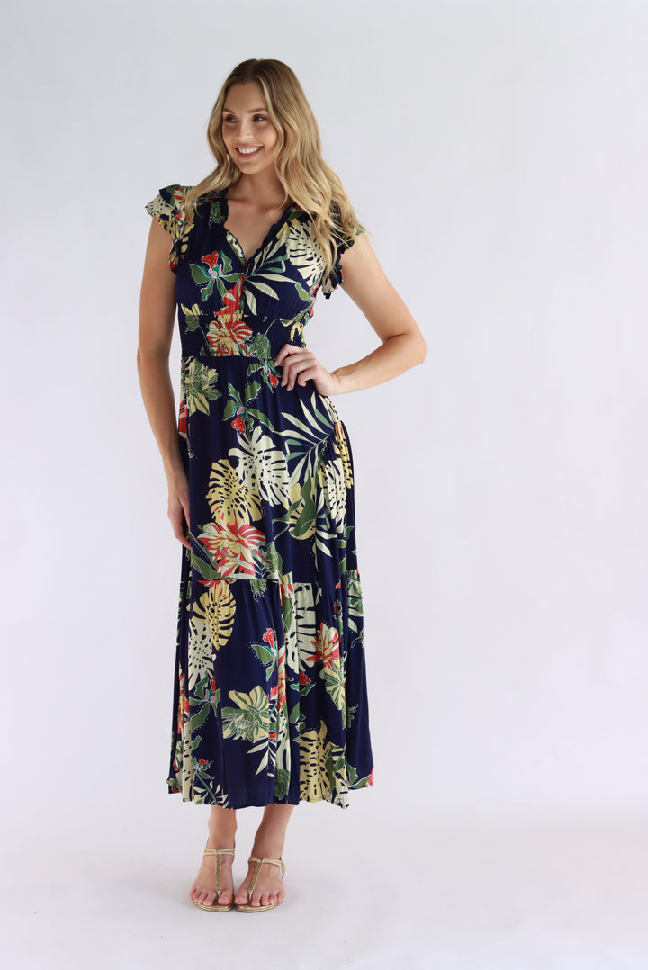 Aurora Tropical Leaf Navy Maxi Dress
