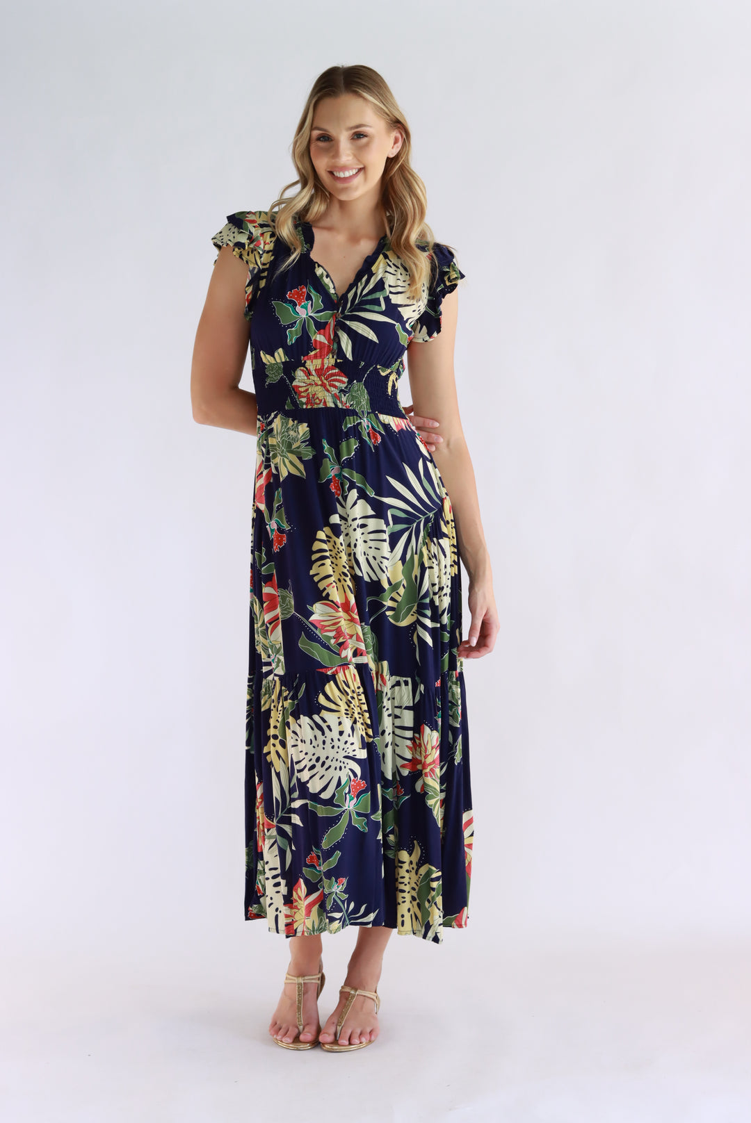 Aurora Tropical Leaf Navy Maxi Dress