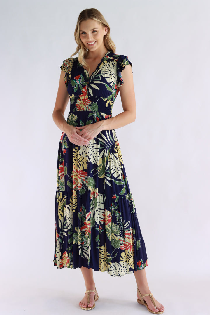 Aurora Tropical Leaf Navy Maxi Dress