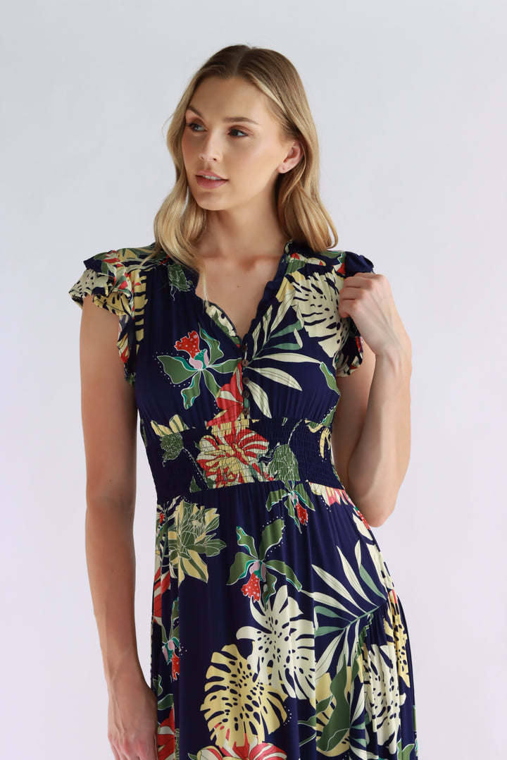 Aurora Tropical Leaf Navy Maxi Dress
