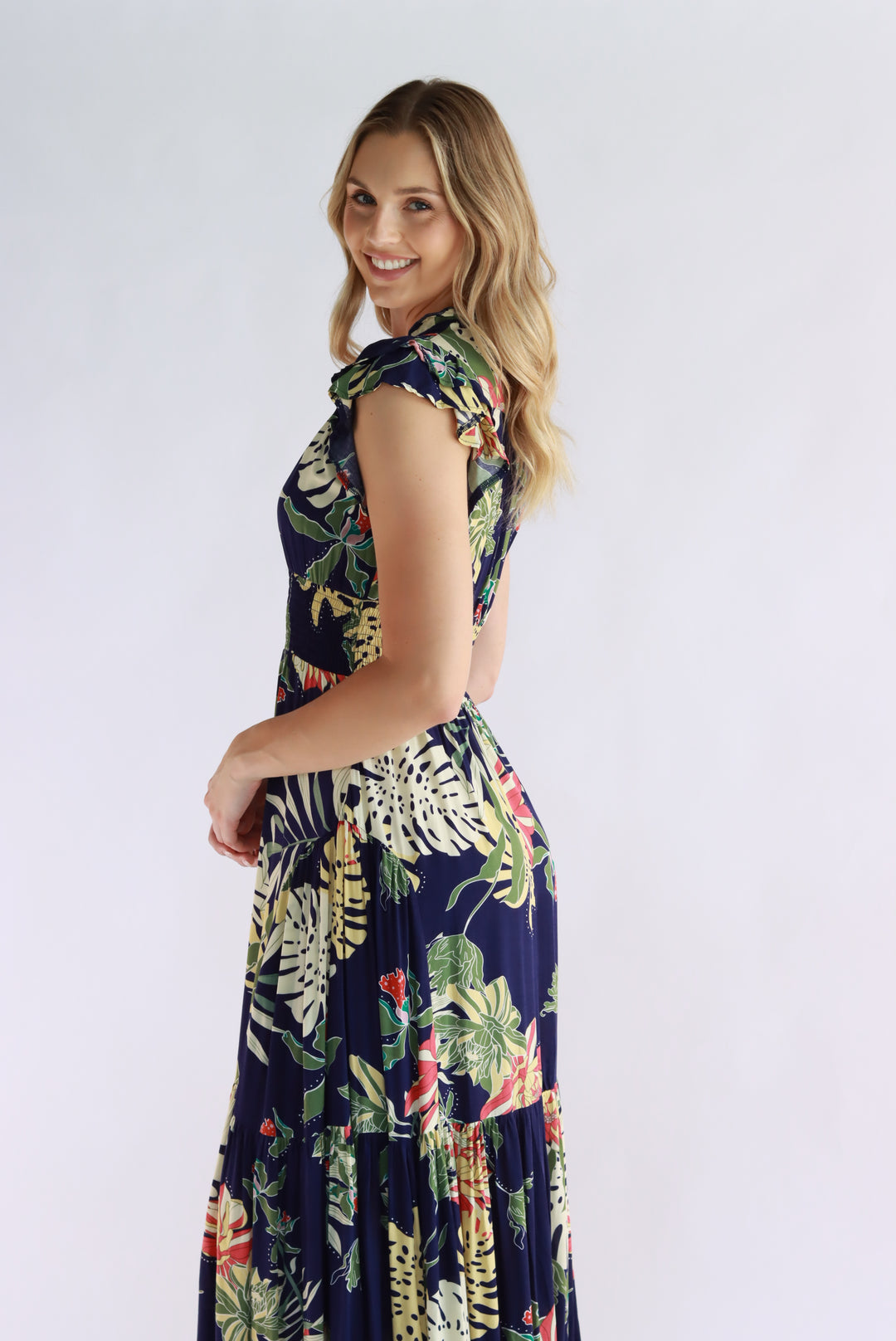 Aurora Tropical Leaf Navy Maxi Dress