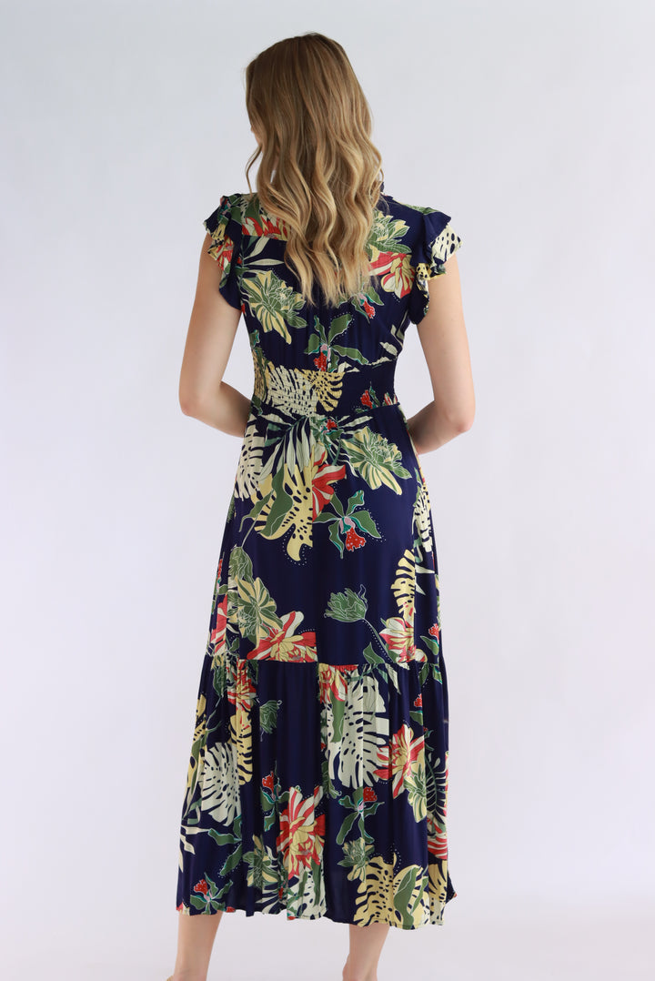 Aurora Tropical Leaf Navy Maxi Dress
