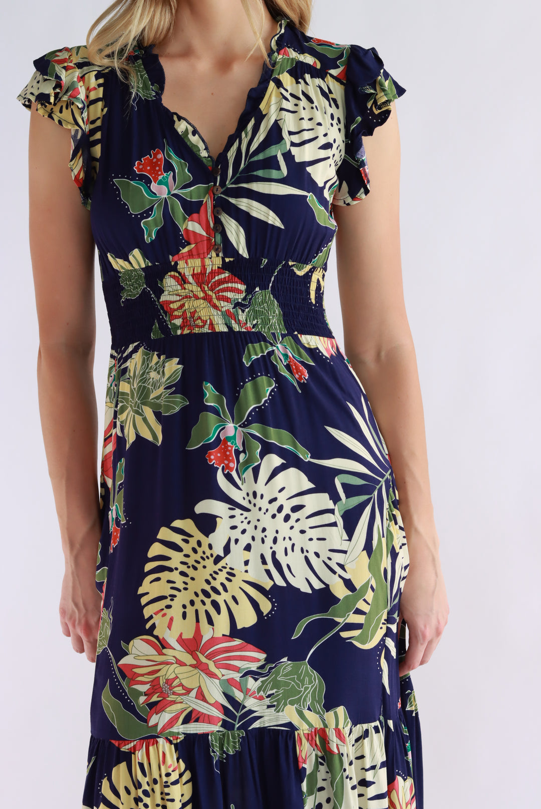 Aurora Tropical Leaf Navy Maxi Dress