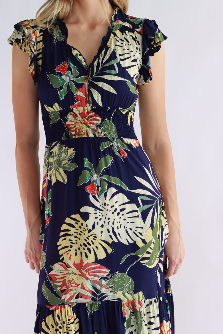 Aurora Tropical Leaf Navy Maxi Dress