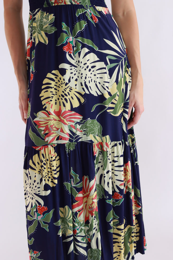Aurora Tropical Leaf Navy Maxi Dress
