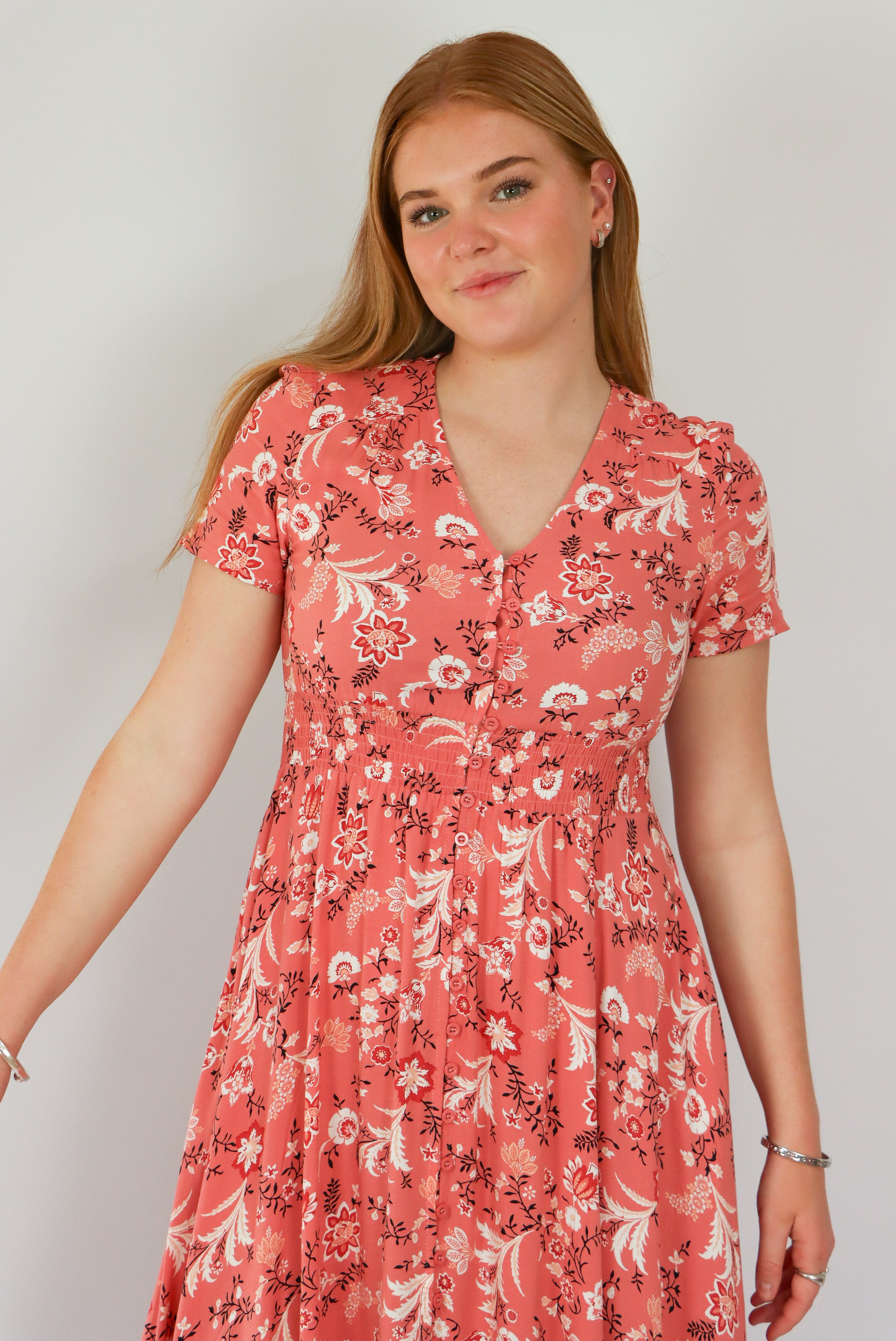 pink floral print dress