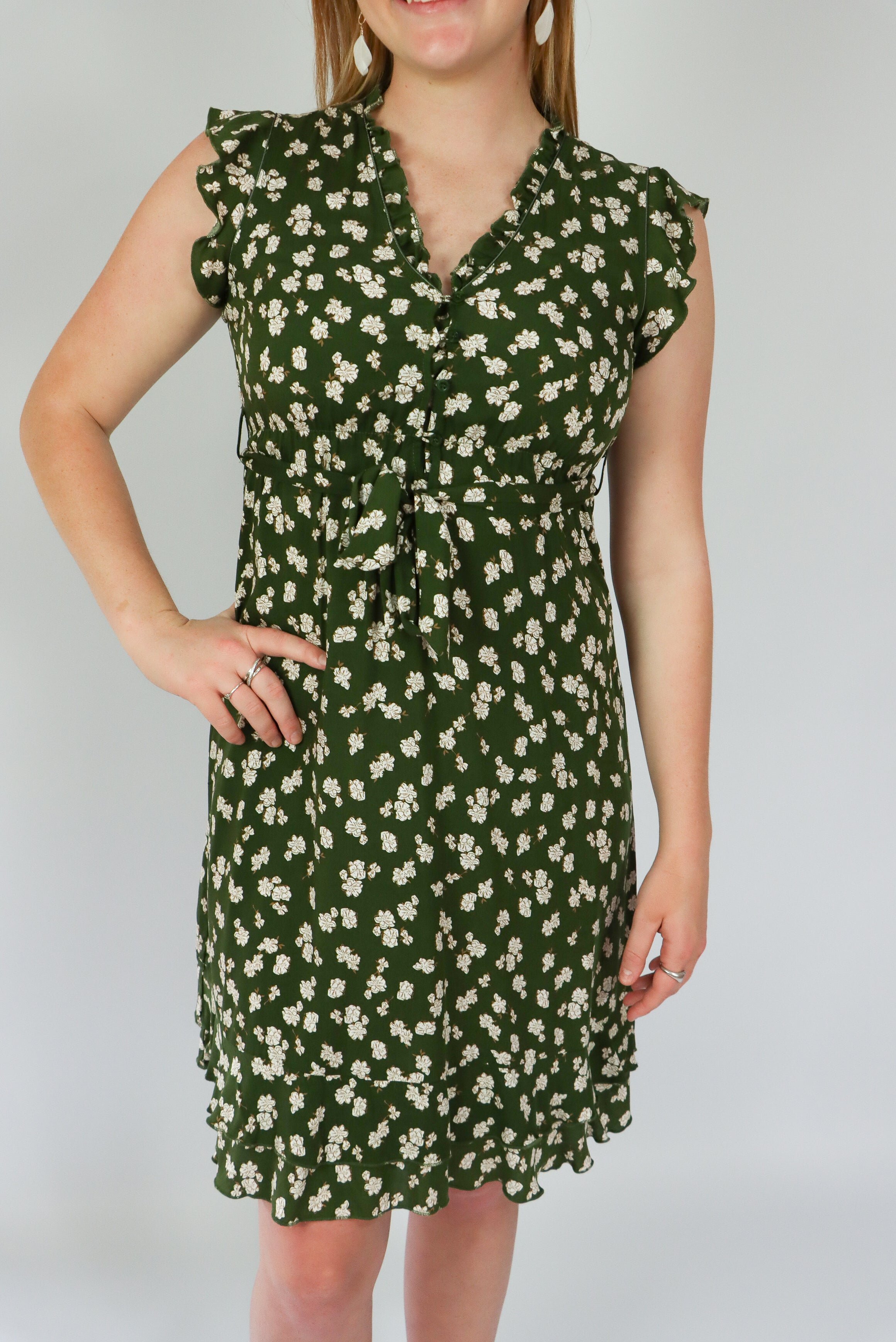 floral print green base white flowers