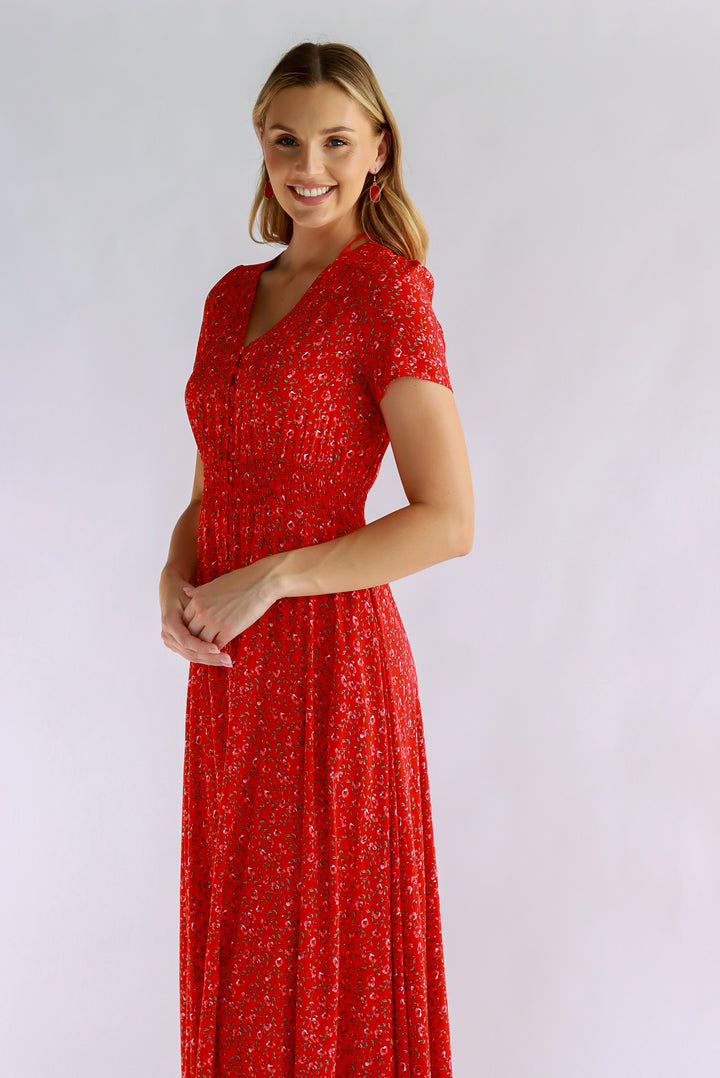 Jingle Joy Floral Red Maxi Dress