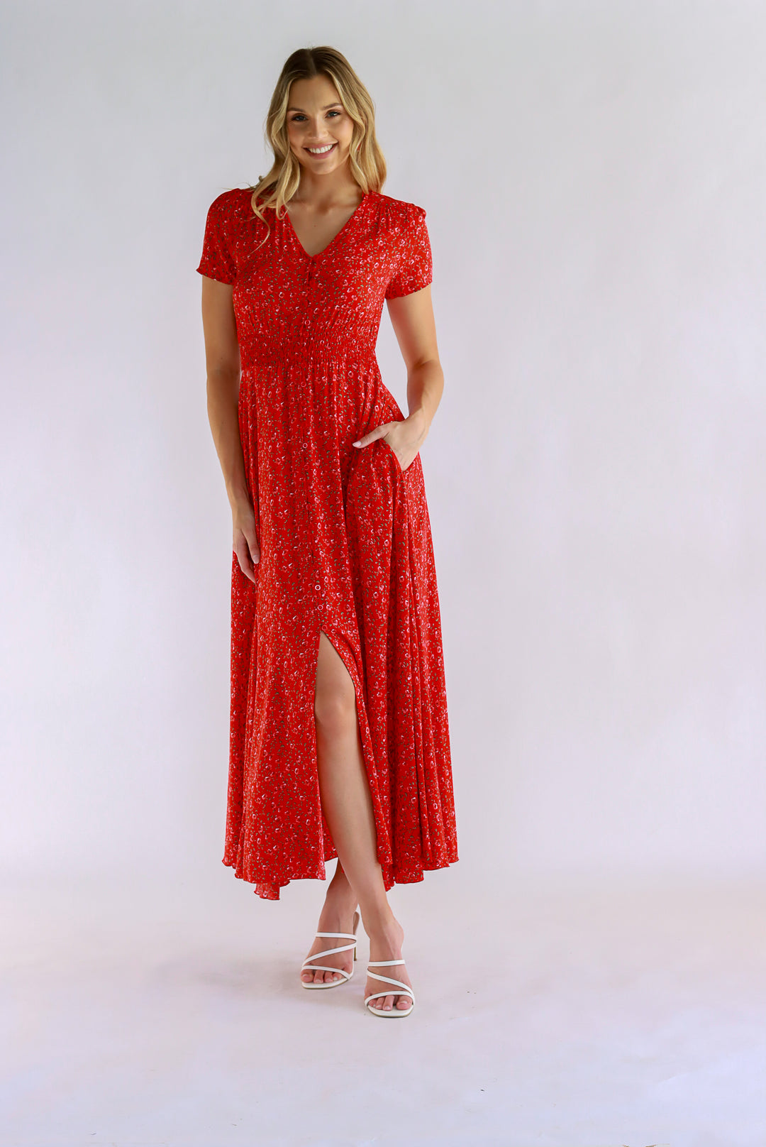 Jingle Joy Floral Red Maxi Dress