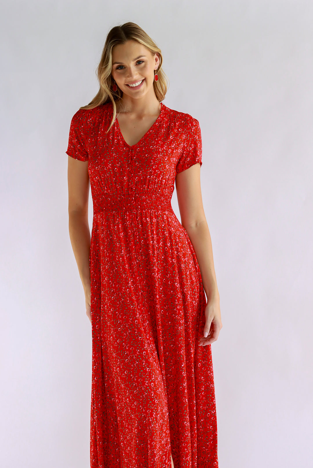 Jingle Joy Floral Red Maxi Dress