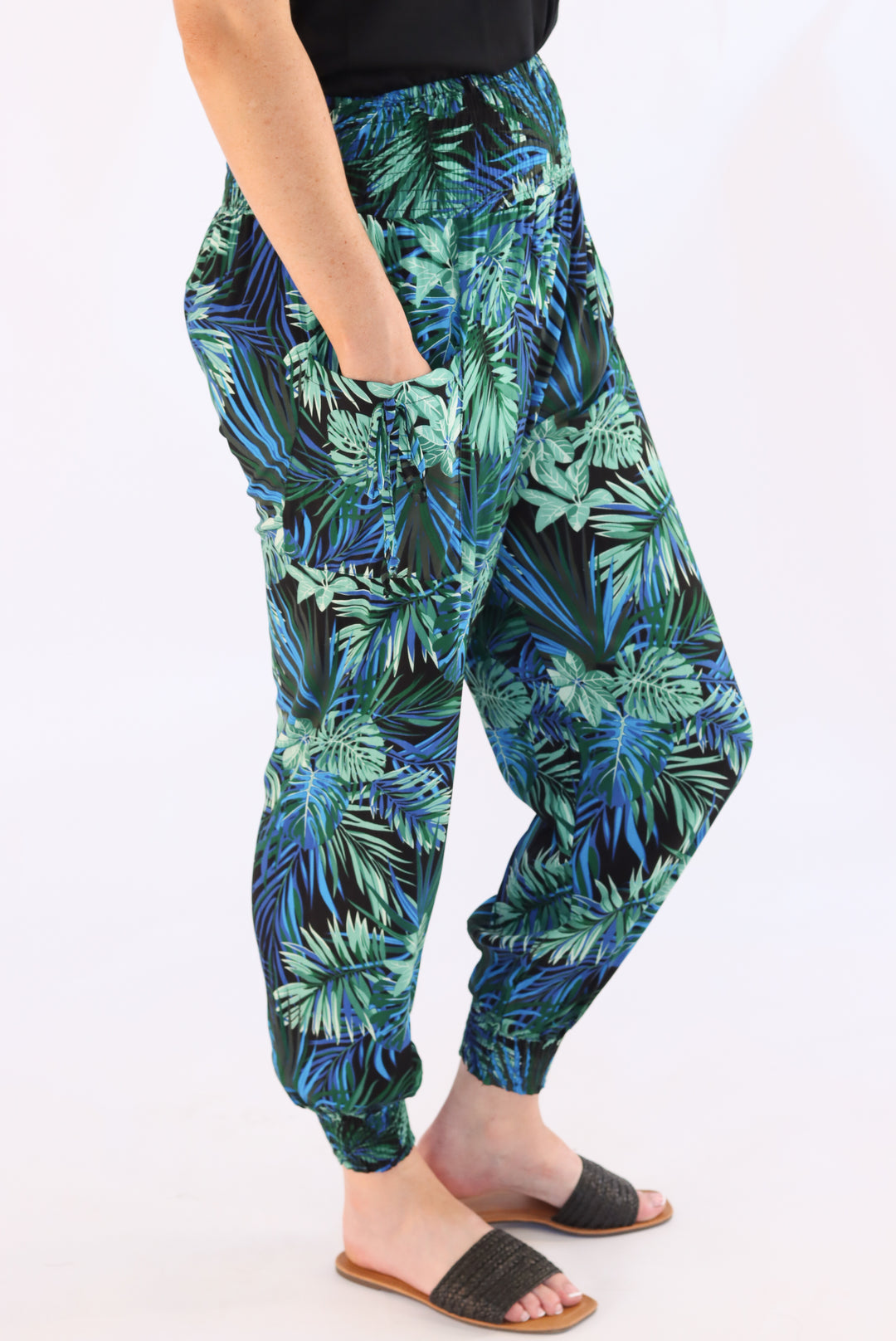 Blue Leaf Print Harem Pants