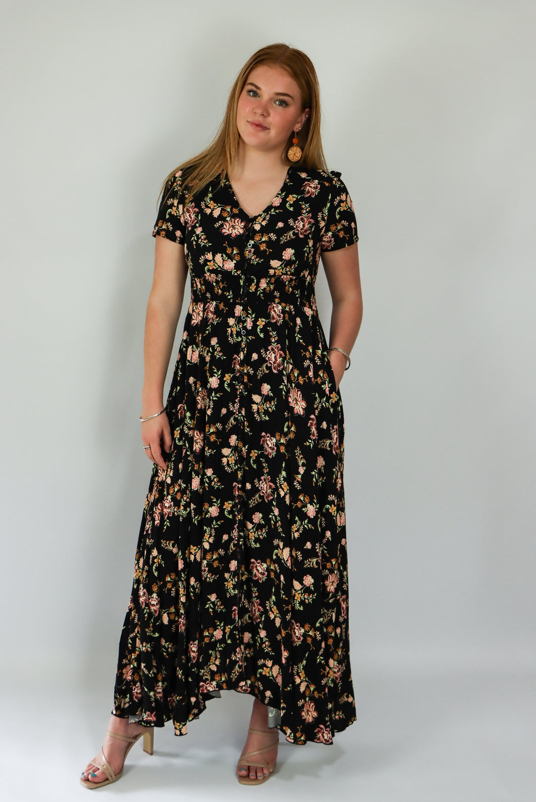 maxi dress long length front split button down