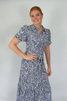midi dress in blue and white abstract print