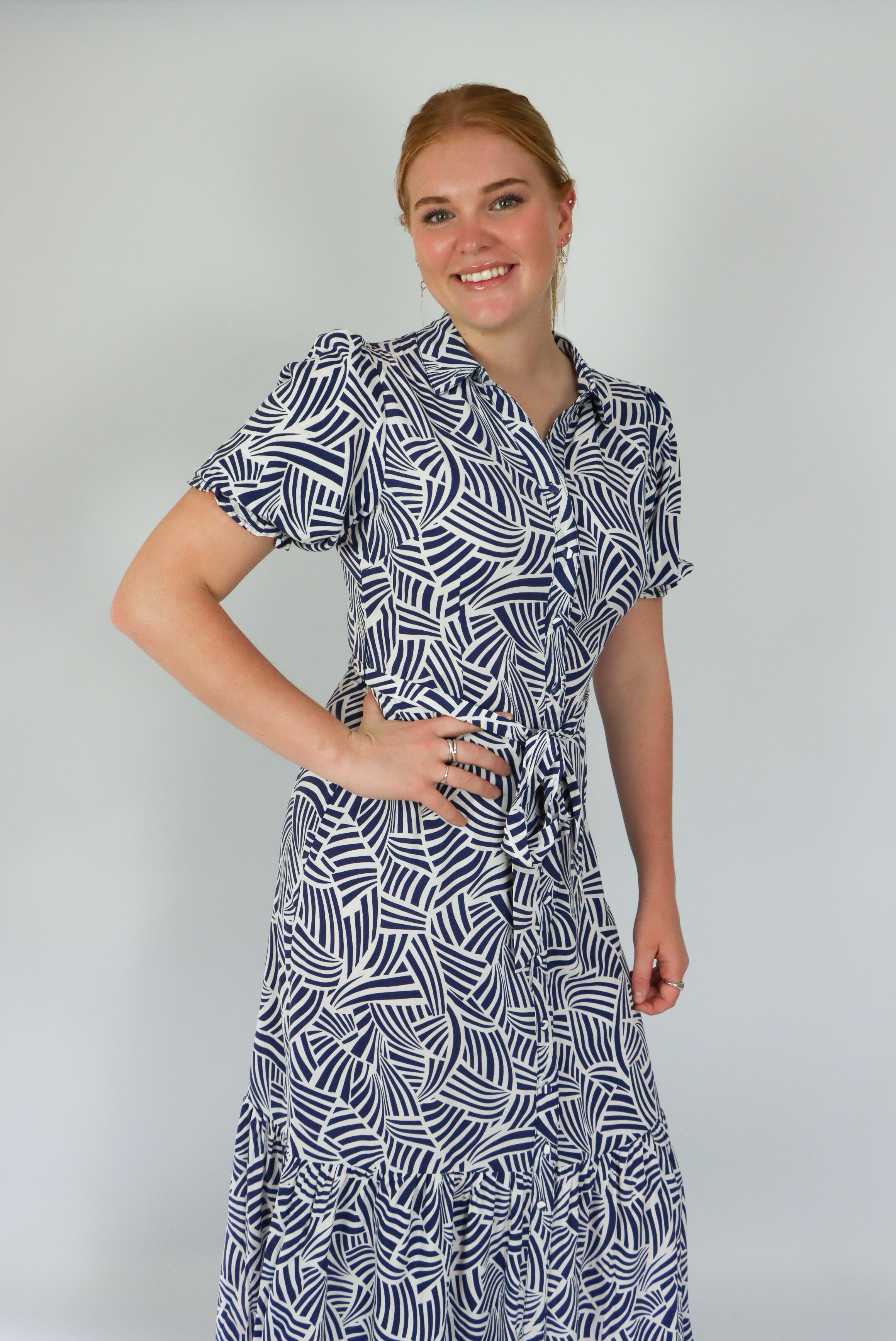 midi dress in blue and white abstract print