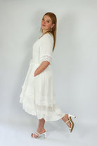 white midi dress side pockets