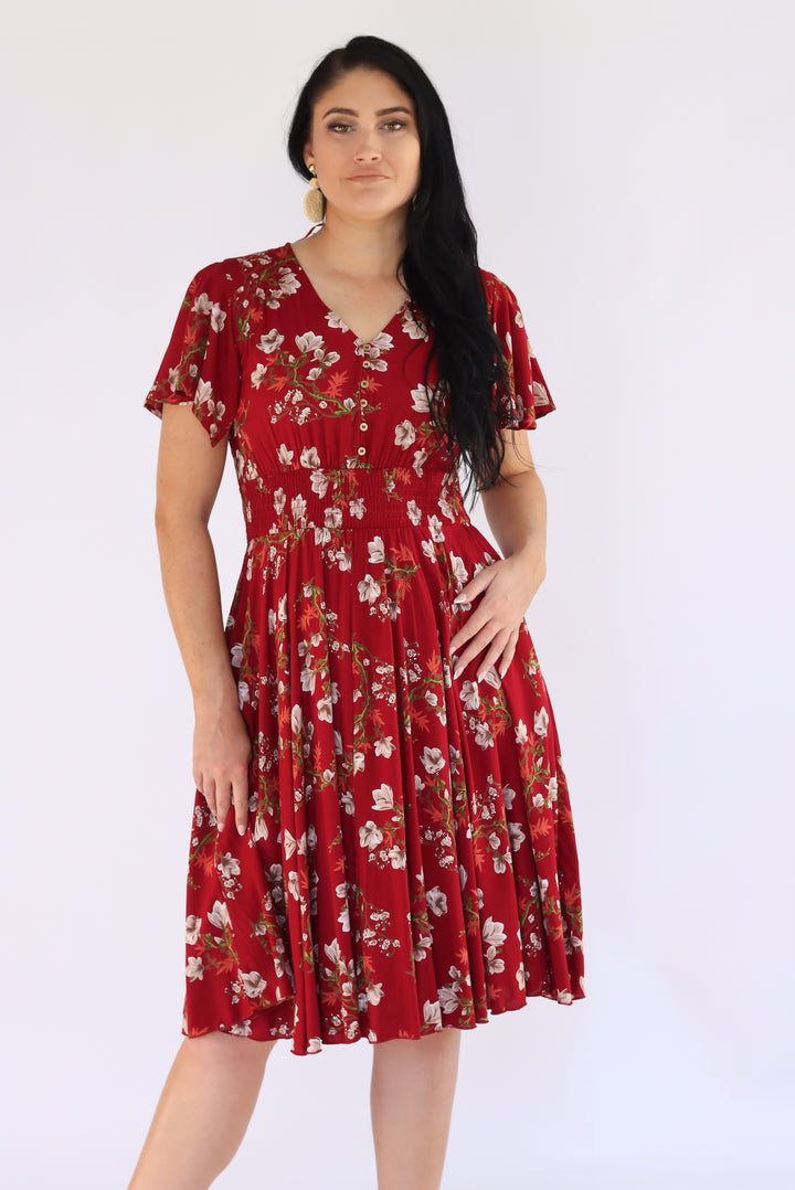 Lucia Floral Dress In Cherry Red