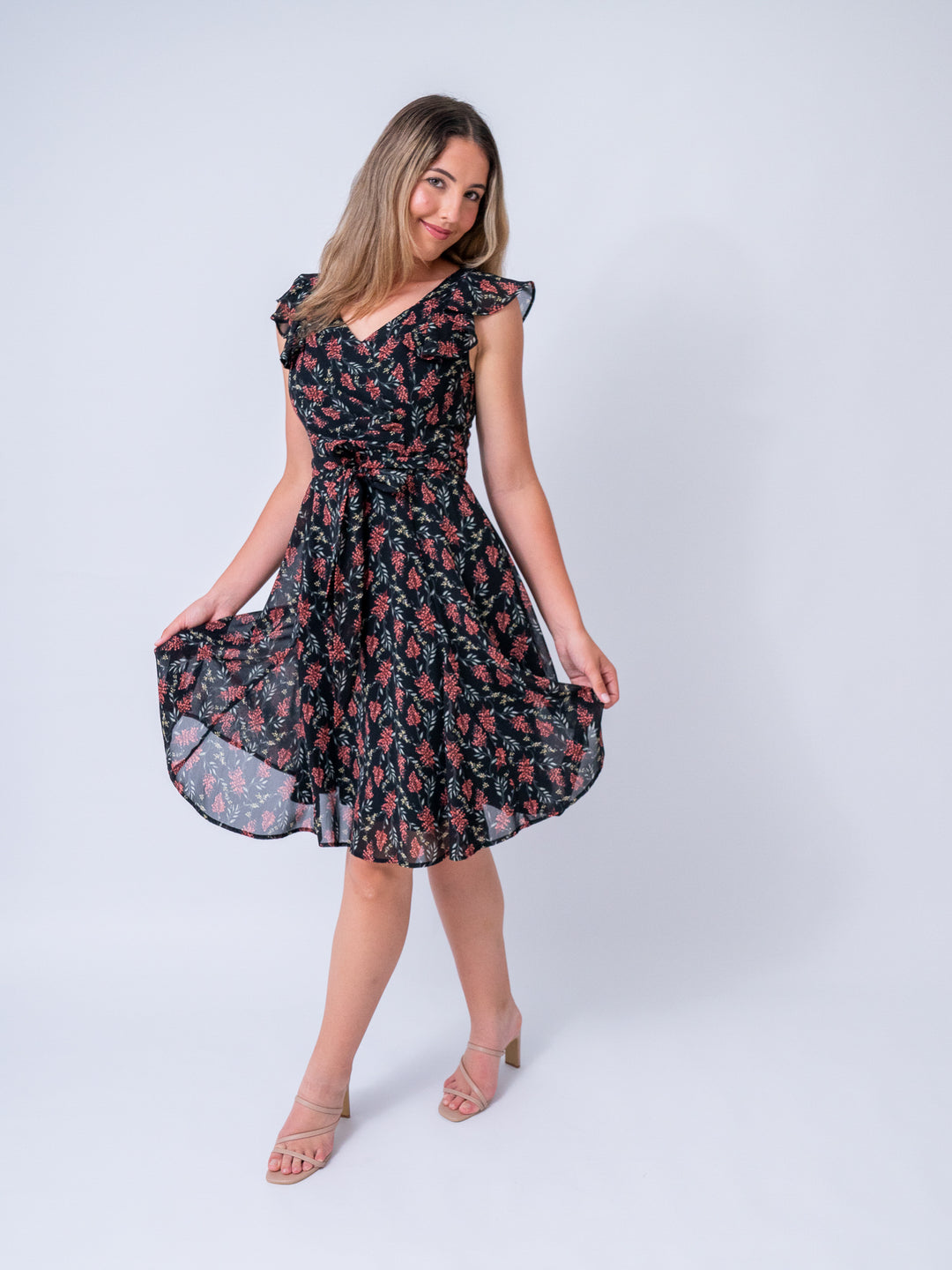 lorna dress black base with wine colour bunches