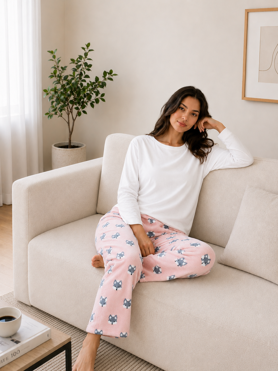 Woman wearing a white long-sleeve top and pink pajama pants with a floral pattern, sitting on a beige couch.