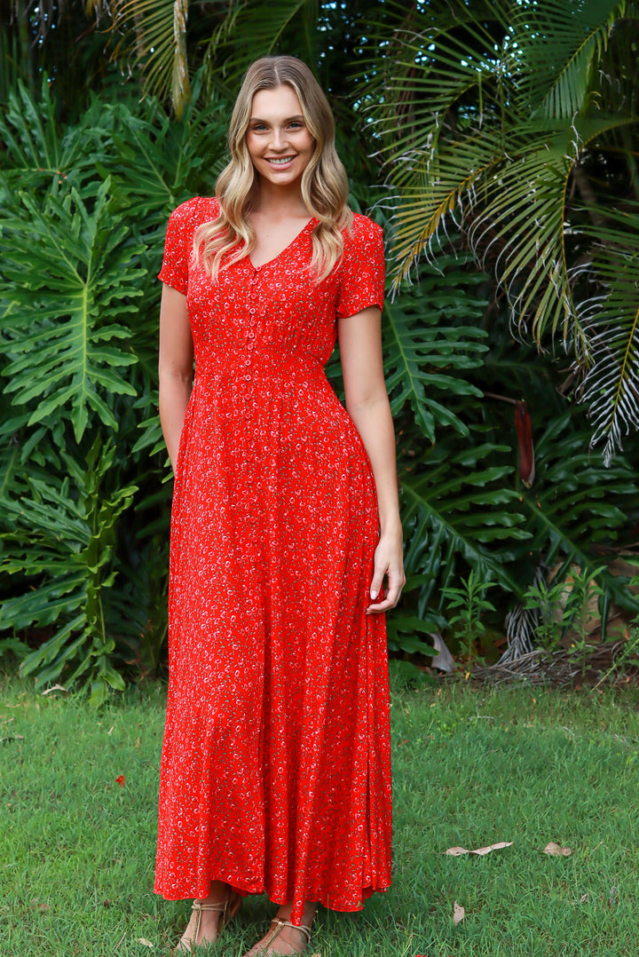 Jingle Joy Floral Red Maxi Dress