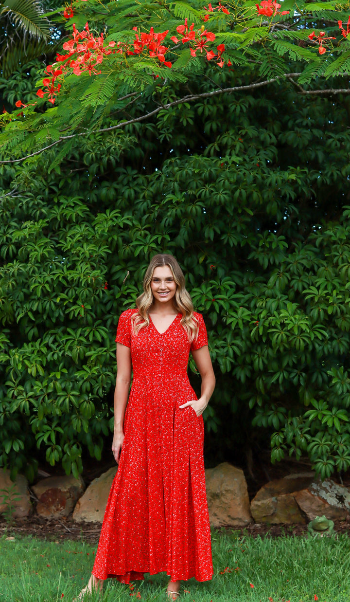 Jingle Joy Floral Red Maxi Dress