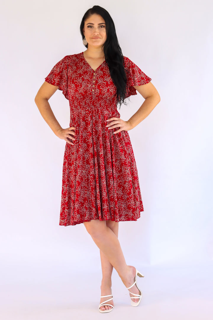 Valentina Floral Dress In Cherry Red