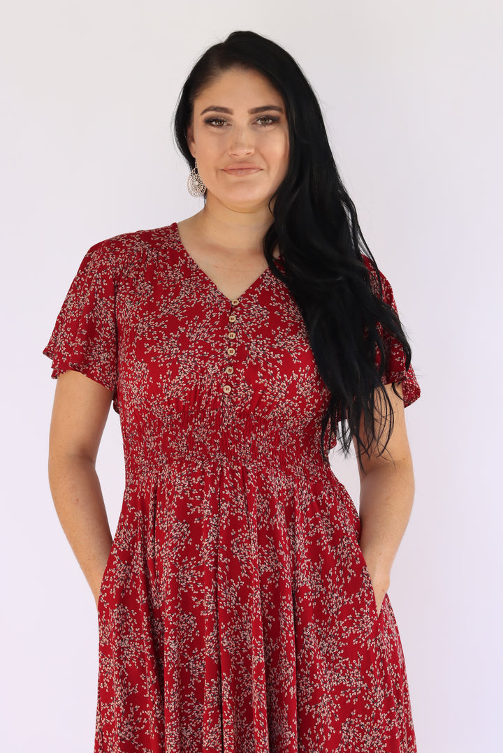 Valentina Floral Dress In Cherry Red