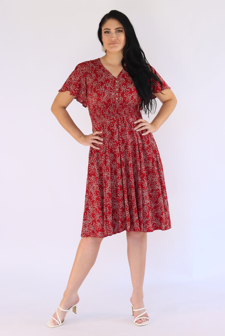Valentina Floral Dress In Cherry Red