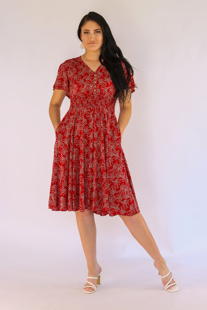 Valentina Floral Dress In Cherry Red