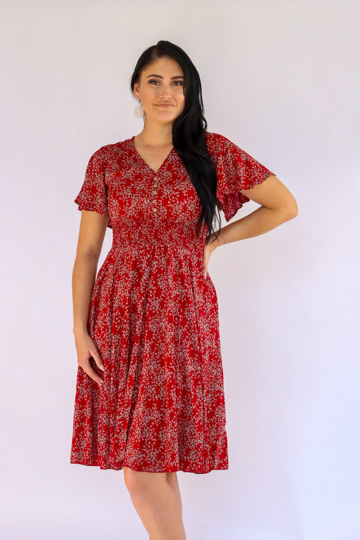 Valentina Floral Dress In Cherry Red
